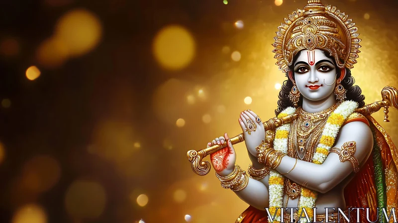 AI ART Krishna Playing Flute with Spiritual Golden Glow