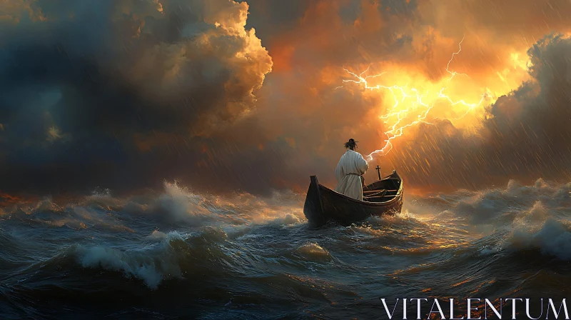 Lone Boatman in a Tempestuous Ocean AI Image