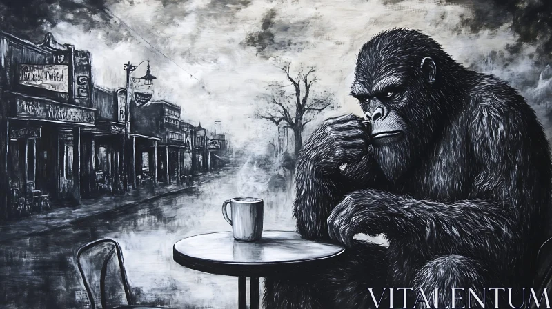 Gorilla Enjoying Coffee in a Surreal Cityscape AI Image