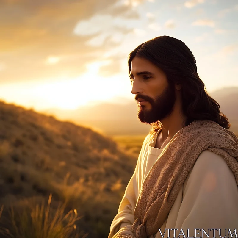 Peaceful Sunset Portrait of a Man in Hilly Landscape AI Image