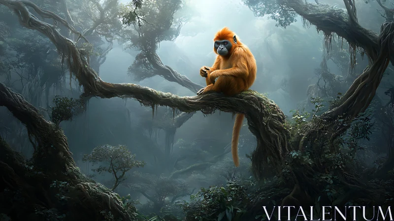 Mystical Forest with Orange Monkey AI Image