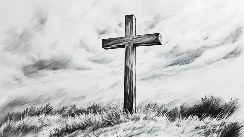 Solitary Wooden Cross in Sketched Landscape