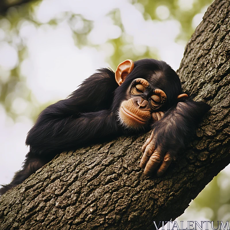 AI ART Chimpanzee Sleeping on a Tree Branch