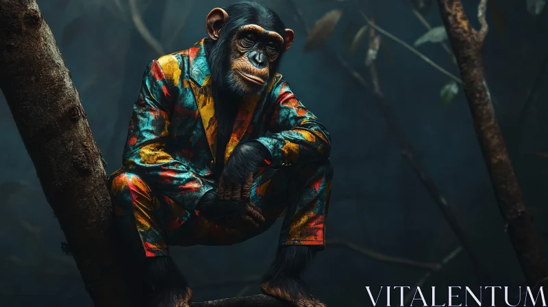 AI ART Monkey in Vivid Suit Perched on Tree