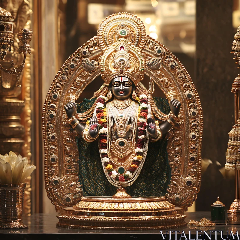 Luxurious Temple Idol with Jewelry and Garland AI Image