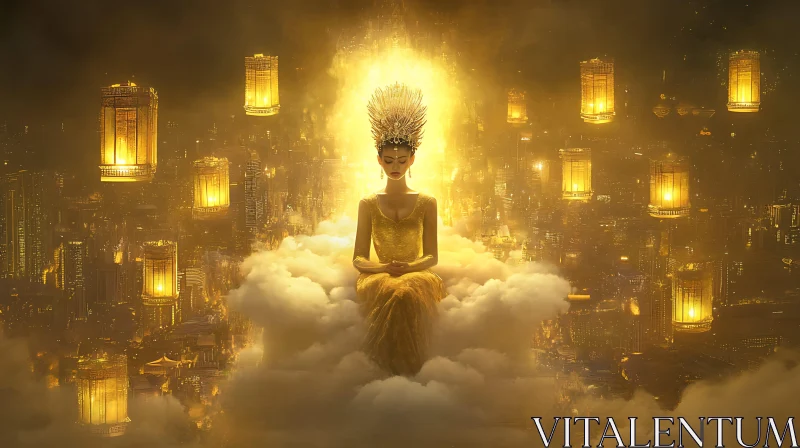 Mystical Golden Lady in a Cloudy City Scene AI Image