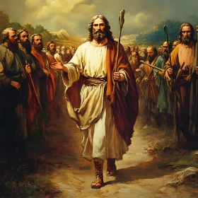 Biblical Figure Leading Followers Through Ancient Terrain