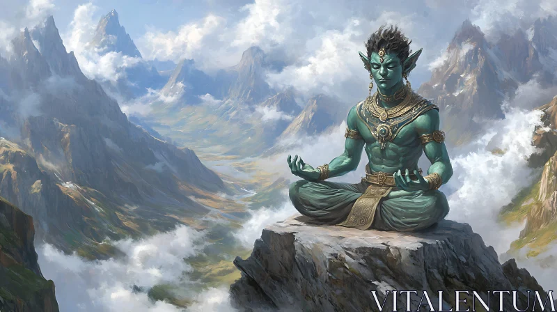 Mystical Figure Meditating in Mountainous Scenery AI Image