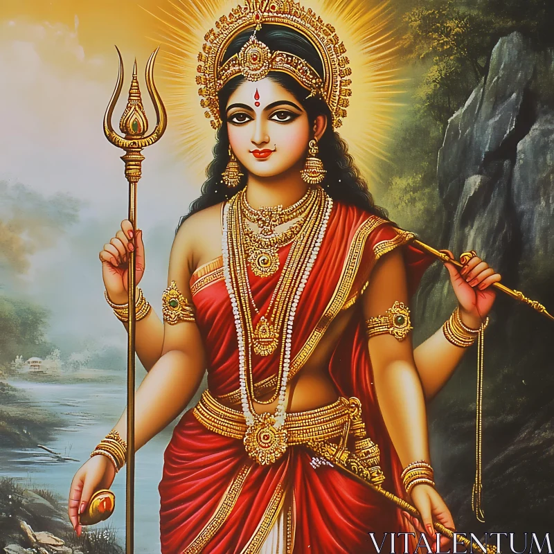 Graceful Goddess with Trident and Halo AI Image