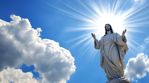 Heavenly Rays and Majestic Statue in a Blue Sky