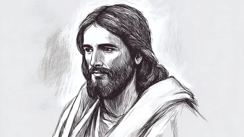 Detailed Pen Drawing of a Serene Bearded Man