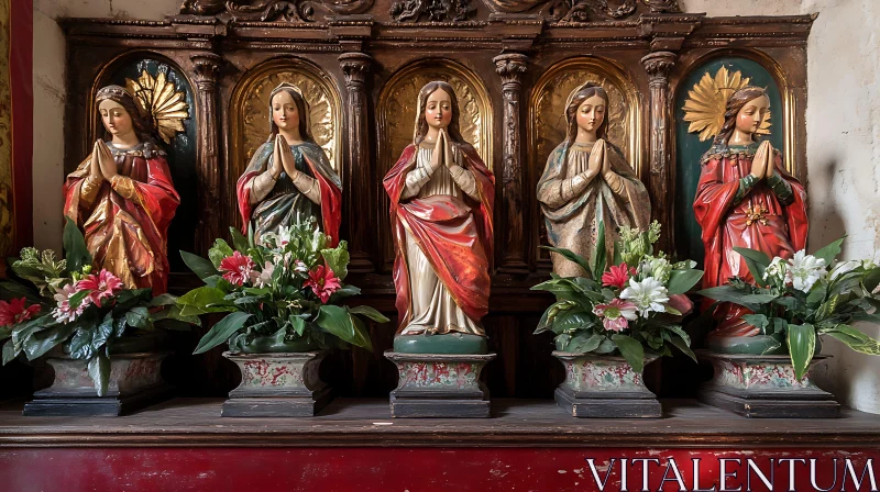 Historical Religious Monument with Ornate Statues and Flowers AI Image