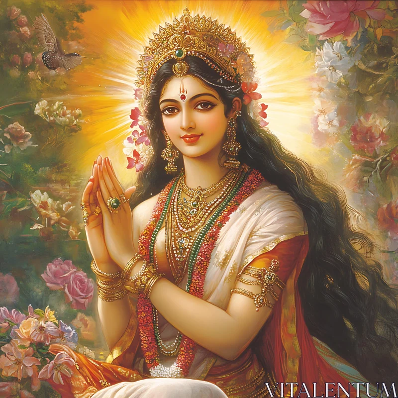 Divine Indian Goddess in Traditional Attire with Glowing Background AI Image