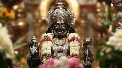 Adorned Hindu Deity with Floral Garlands