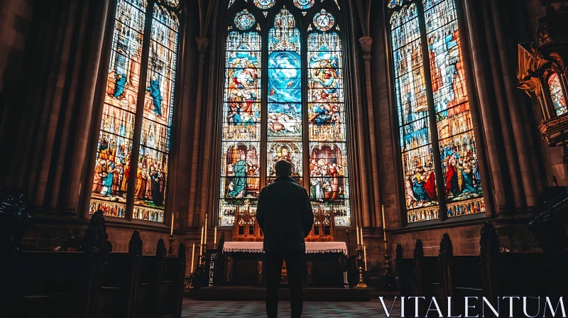 Person in Cathedral with Beautiful Stained Glass AI Image