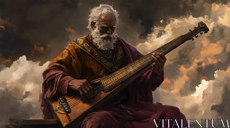 Old Musician in Traditional Clothes with Clouds in Background AI Image