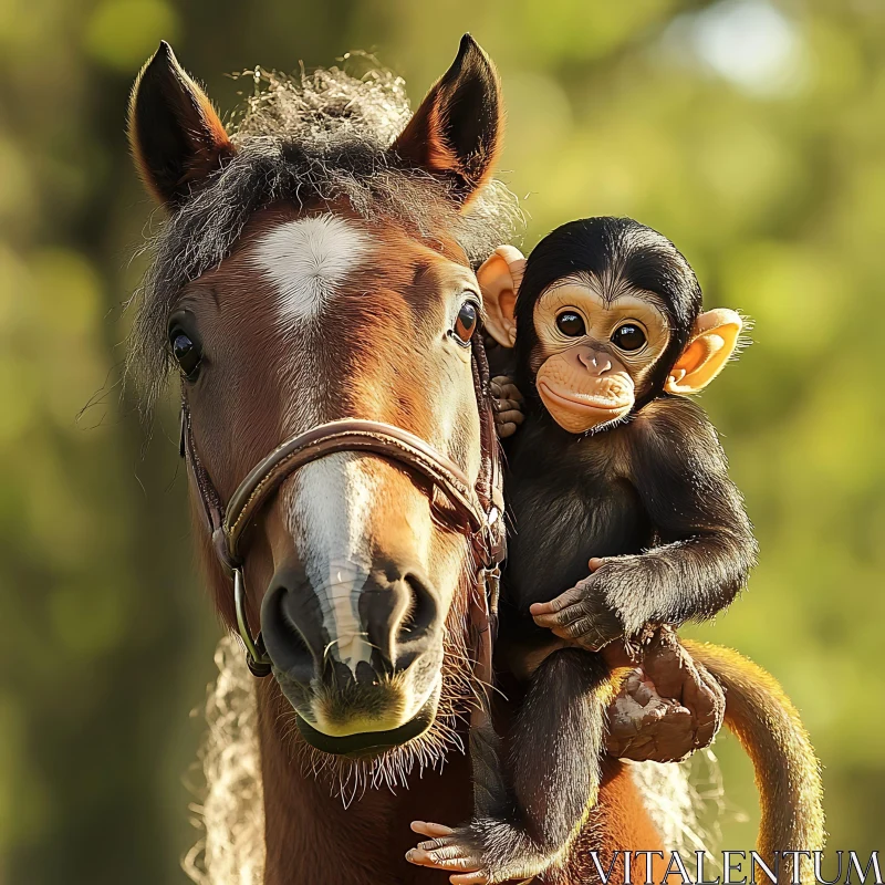 AI ART Young Monkey Rides on Horse in Natural Setting