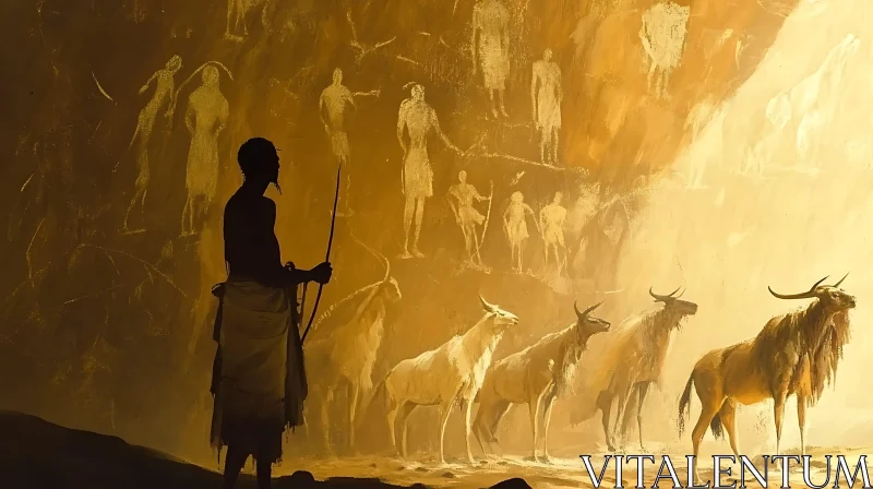 AI ART Prehistoric Cave Art Depicting Wild Animals and Human Figures