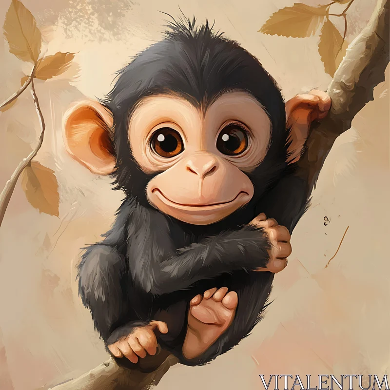 AI ART Cute Baby Monkey with Big Eyes on a Branch