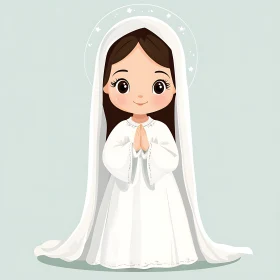 Charming Cartoon Girl in White Attire with Halo in Prayer