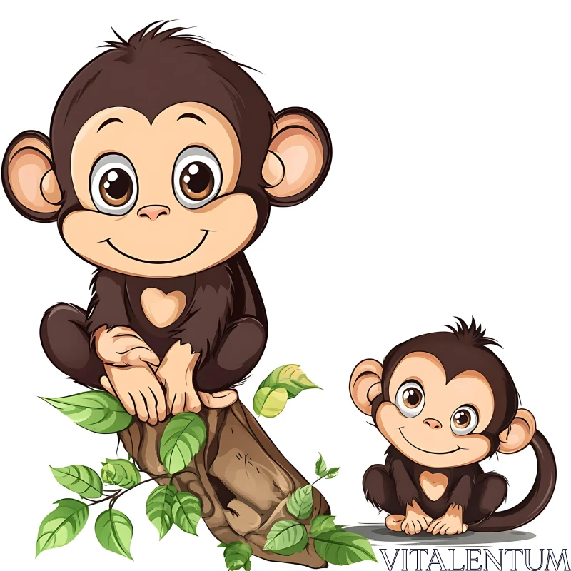 Cute Baby Monkeys Sitting on Tree Illustration AI Image