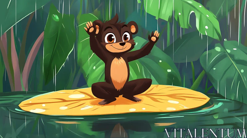 Cartoon Monkey in Rainy Jungle on a Leaf AI Image