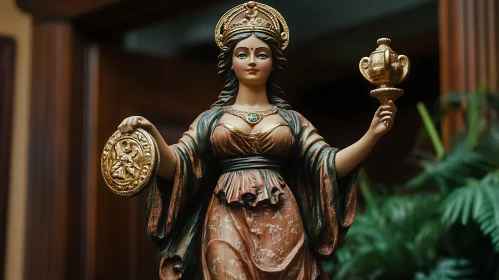 Ornate Female Statue with Medallion and Cup