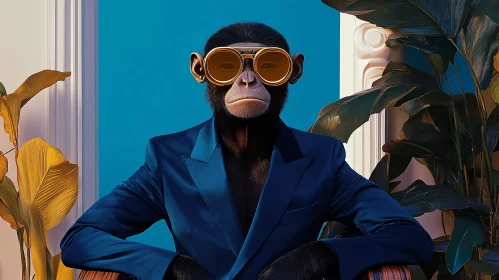 Fashionable Monkey Portrait with Blue Suit and Glasses