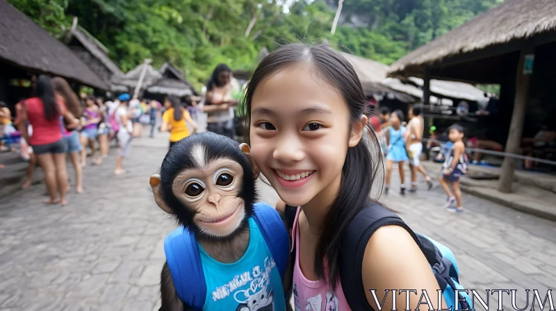 Smiling Child with Cartoonish Monkey AI Image