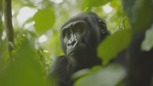 Contemplative Gorilla Amidst Green Leaves