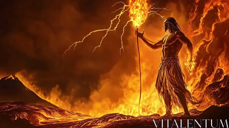 Legendary Fire Warrior in Volcanic Landscape Legendary Fire Warrior in Volcanic Landscape
