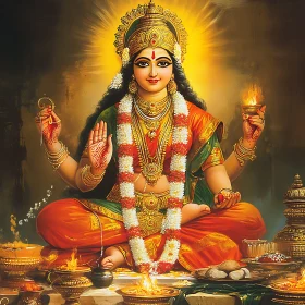 Hindu Goddess Adorned with Jewelry and Garlands