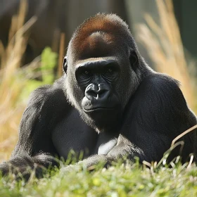 Gorilla Resting on Grass Close-Up