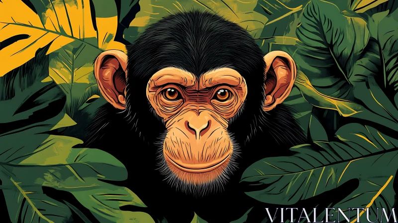 Illustration of a Monkey Among Leaves AI Image