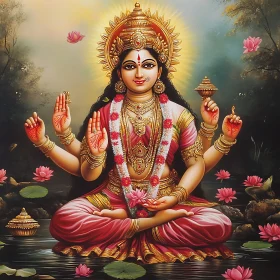 Divine Hindu Deity with Lotus Flowers