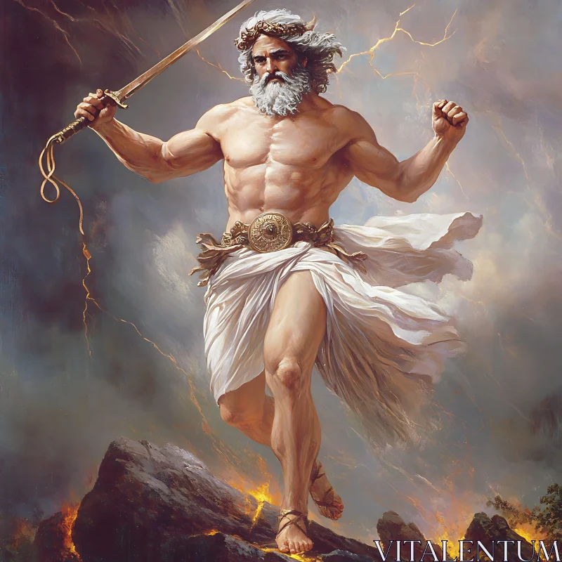 Ancient Deity Wielding Lightning and Sword AI Image