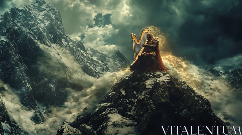 Ethereal Harpist on Misty Mountain Summit AI Image