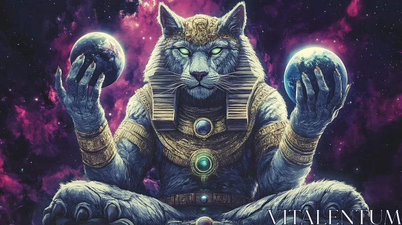 Celestial Cat God with Planets AI Image