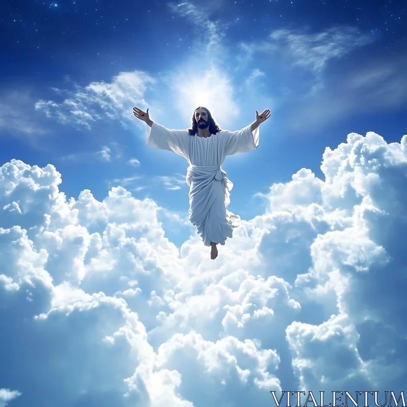 Divine Figure Rising Above Clouds AI Image