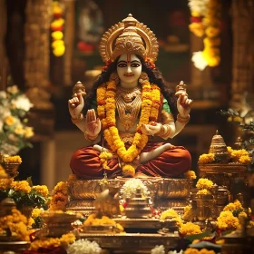 Ornate Temple Deity with Flower Garlands