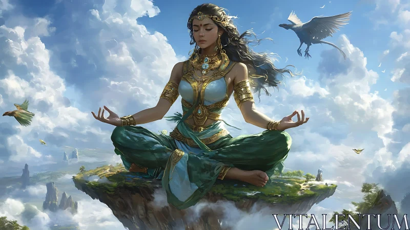 Meditative Goddess Amidst the Clouds AI Image