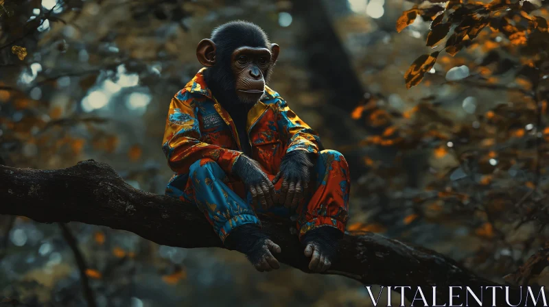 Colorfully Dressed Chimpanzee in Forest AI Image