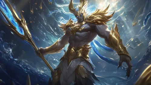 Underwater Battle-Ready Demon with Golden Armor and Spear