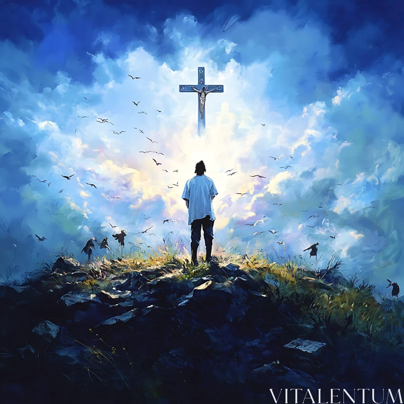 Contemplative Scene with Cross and Flying Birds AI Image