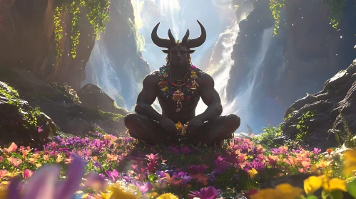 Minotaur Amongst Flowers and Waterfalls