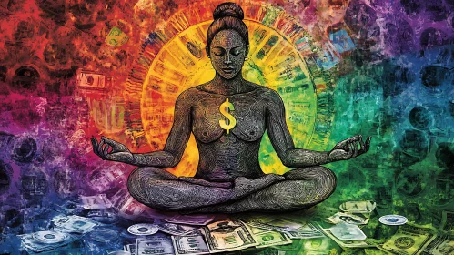 Meditative Figure with Money and Rainbow Background