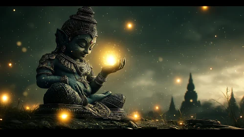 Serene Statue Holding a Glowing Orb