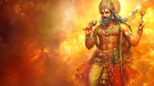 Golden Hindu Deity in Fiery Artwork