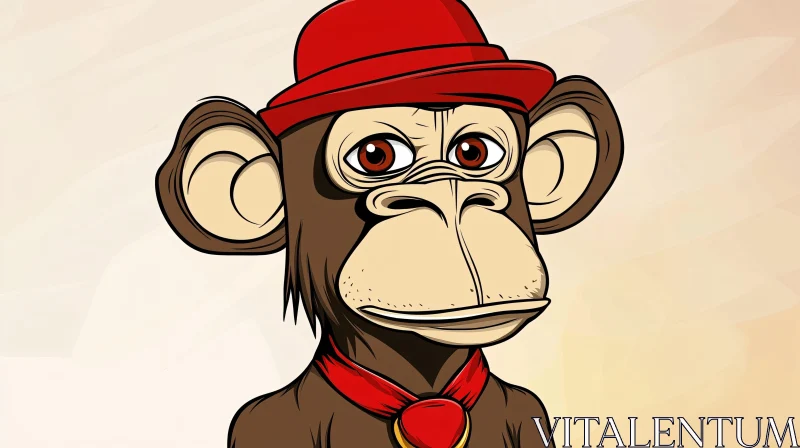 Thoughtful Cartoon Monkey With Red Hat AI Image