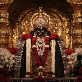 Deity Idol with Golden Backdrop and Floral Garland